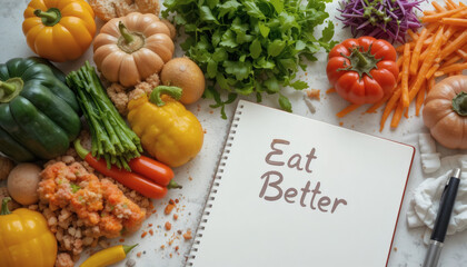 Healthy meal prep on table, colorful vegetables, journal with 'Eat Better' written on it, clean background