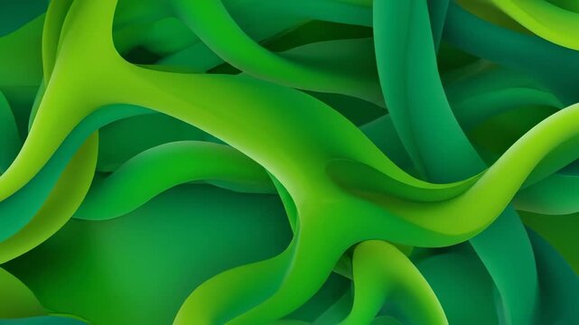 Seamlessly looping abstract background of intertwining biomorphic shapes in various shades of vibrant green, swirling and morphing organically unique, smooth, elegant