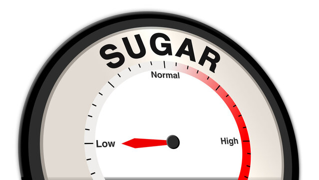 Sugar at low levels, shown on a barometer or tachometer, illustrating insufficient sugar intake, potential energy deficits, and the need for dietary adjustment and balance