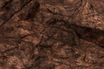 Detailed close-up of a rugged, dark brown texture, featuring deep wrinkles, creases, and irregular patterns like crumpled parchment or dried tree bark