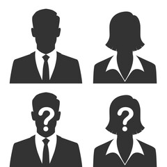 Business persons silhouettes graphic icons set. Unknown business people with question mark and without it sign isolated on white background. Vector illustration