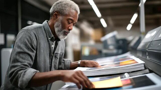A senior Black man in a modern printing house selects a thick sheet of glossy paper from a rack his fingers testing the texture colorful posters hanging on walls machines