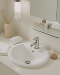 Fototapeta premium Minimal bathroom sink with folded towel and soap bar, clean white and beige tone harmony, Lucid Realism, 4:5