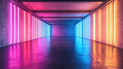 Fototapeta premium A vibrant corridor illuminated by colorful neon lights, creating a modern and dynamic atmosphere with a polished floor.
