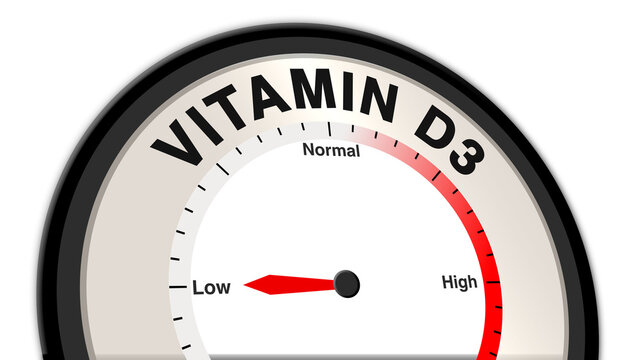 Vitamin D3 at low levels, shown on a barometer or tachometer, illustrating insufficient vitamin D, potential bone health issues, and the need for dietary adjustment and sunlight exposure