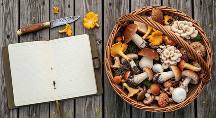A rustic scene with a basket of fresh wild mushrooms, an open notebook, and a knife on weathered wooden planks, ideal for foraging or recipes.