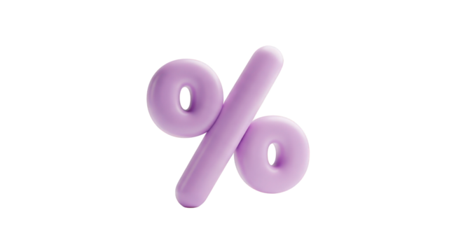 3D rendered pastel purple percentage symbol isolated on a transparent background discount