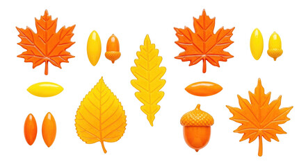 Assorted Autumn Leaves and Acorns in Orange and Yellow isolated on a transparent background