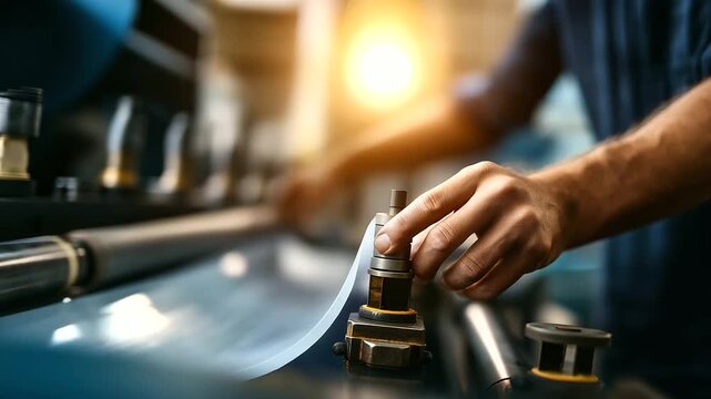 A roll of flexible polymer material feeds into a flexographic press an unrecognizable Black worker adjusting settings in the blurred background ink rollers spinning control dial