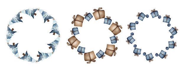 Watercolor Christmas round New Year frames, fir trees, gifts, in Scandinavian style, soft natural colors, hand drawn illustration, isolated on white background, vector