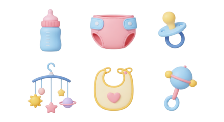 Baby items collection with bottle pacifier and mobile isolated on a transparent background
