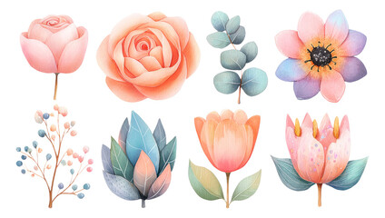 Obraz premium Colorful Watercolor Floral Collection with Isolated Transparent Background Elements