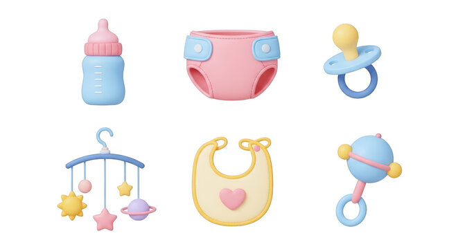Baby items collection with bottle pacifier and mobile isolated on a transparent background