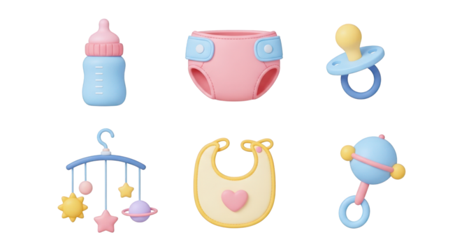 Baby items collection with bottle pacifier and mobile isolated on a transparent background - Powered by Adobe