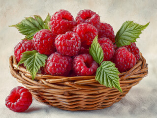 Freshly picked ripe raspberries with vibrant green leaves neatly arranged in a rustic woven basket on a soft neutral background for natural presentation