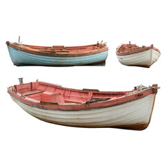 Three rustic wooden fishing boats displayed side by side showcasing traditional maritime craftsmanship