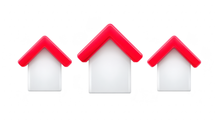 Three house icons with red roofs and white walls, arranged in row on transparency background, symbolizing real estate, property, or home ownership concepts