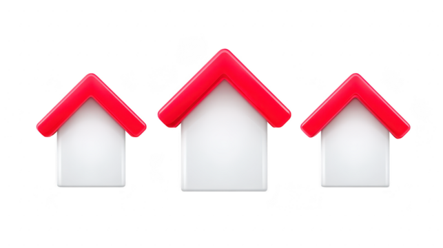 Three house icons with red roofs and white walls, arranged in row on transparency background, symbolizing real estate, property, or home ownership concepts