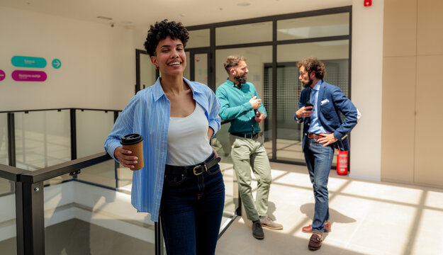 Smiling businesswoman stands in the foreground, holding a coffee cup while her colleagues converse in the background, creating a dynamic office scene