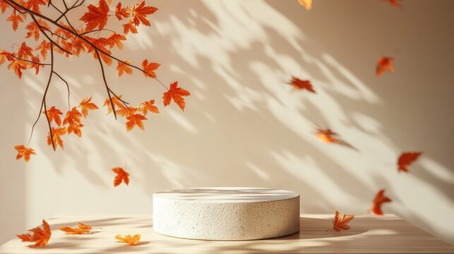 A serene scene featuring autumn leaves in motion with a circular stone platform, casting soft shadows on a neutral background.