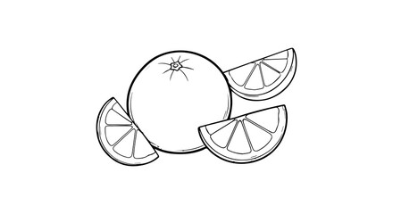 Orange Whole and Sliced – Detailed Citrus Fruit Line Drawing Illustration