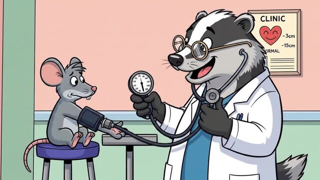 Dr Badger checking mouses BP in a clinic
