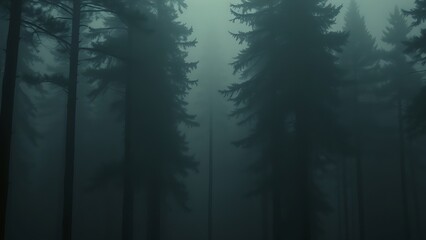 Obraz premium A misty forest at dusk, tall pines shrouded in fog, evoking a sense of mystery and quiet solitude.