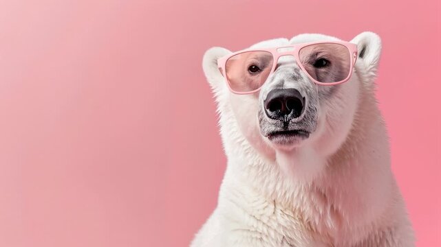 Stylish polar bear in pink sunglasses on pastel background, witty surreal character built for viral social campaigns, climate awareness with a smile, and bold merchandising that blends humor