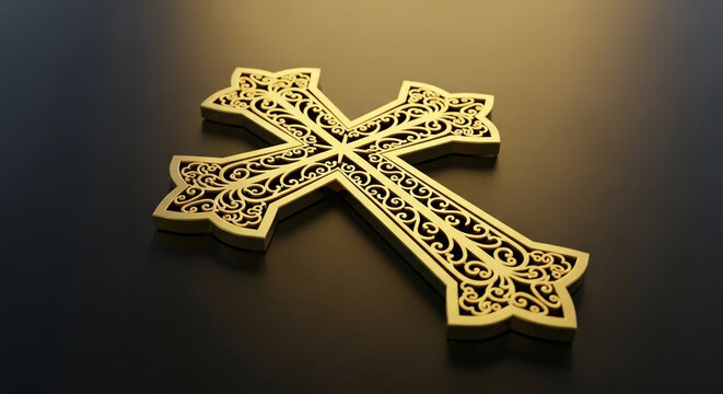 Elegant golden cross with intricate details, perfect for spiritual symbolism and religious themes, with a luxurious aesthetic