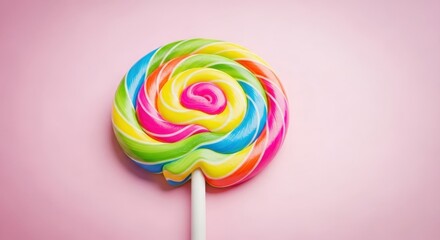 Colorful swirl lollipop on soft pink background — highlighting sweetness, fun, and festive vibes