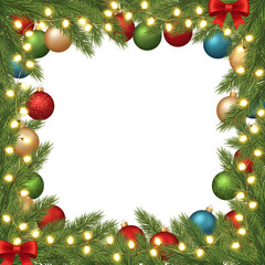 Christmas floral square frame with glowing garland and leaves