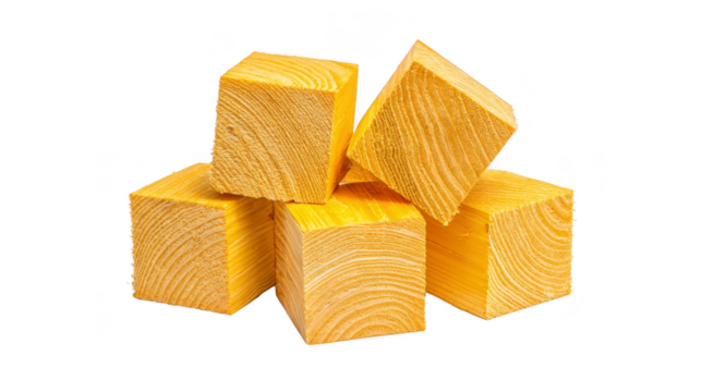 Stacked wooden cubes with visible grain texture, natural yellowish color, and smooth surface, ideal for construction, craft, or educational purposes, isolated on transparency background