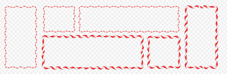 Set of wavy candy cane frames in red and white stripes. Christmas square and scallop forms for New Year template, festive label, sweet border and vector illustration on white background
