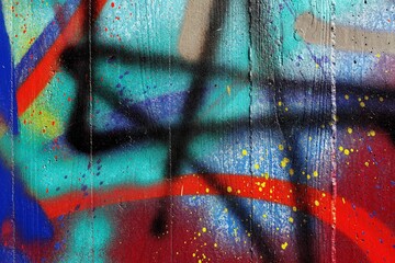 Vibrant Turquoise and Red Abstract Graffiti Detail on Urban Wall
