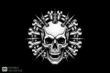 Fototapeta premium Grinning Skull with Spikes and Bones in a Circular Arrangement.