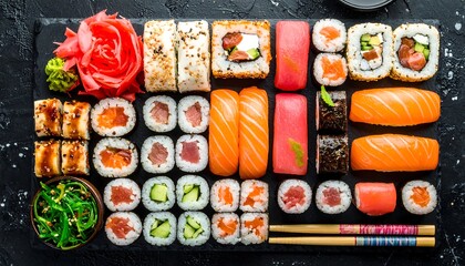 An overhead shot of various sushi rolls and nigiri artistically arranged on a black slate surface, alongside ginger and seaweed salad