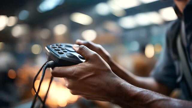 Close up of a hoist controller gripped firmly in the hand of an unrecognizable Black man his fingers wrapped around the ergonomic buttons cables dangling slightly the faint hum