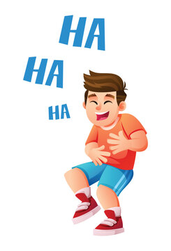 Happy little boy giggling and holding his tummy while laughing out loud, showing joy and happiness with "HA HA" text. Vector cartoon illustration