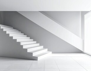 Obraz premium Modern staircase with geometric shape, gray and white tones, minimal perspective