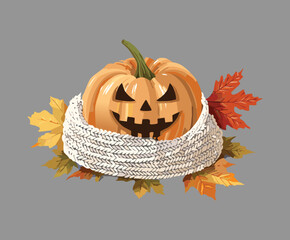 Illustration of a friendly carved pumpkin wearing a thick cozy knitted wool scarf surrounded by colorful autumn leaves, fall decoration