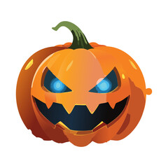 Illustration of a furious orange jack-o'-lantern with deep glowing blue eyes and a wide mouth displaying jagged sharp teeth