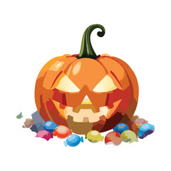 Illustration of a greedy glowing jack-o'-lantern with an open mouth surrounded by a large pile of scattered colorful halloween candies