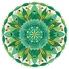 Green floral mandala with natural elements isolated on transparent background