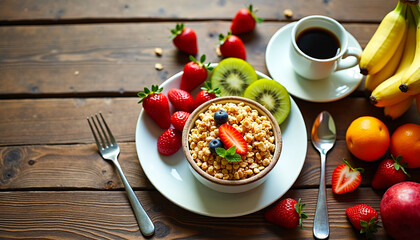 Healthy breakfast bowl with fresh fruits and coffee on rustic table