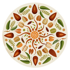 Mandala of nuts seeds and leaves isolated on transparent background