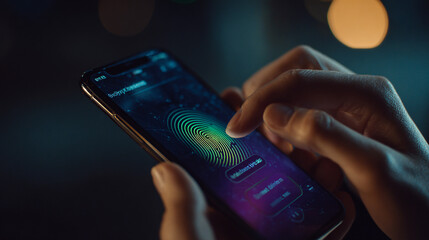 bio metric access for secure payment on phone fingerprint  close up concept 