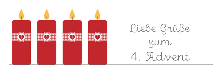 Liebe Grüße zum 4. Advent - Schriftzug in deutscher Sprache. Grußkarte mit vier roten Kerzen dekoriert mit einer rot-weiß karierten Banderole.
