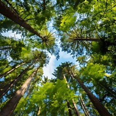 Fototapeta premium An upward gaze through a dense forest canopy, revealing the sky and lush green foliage. Tall, slender trees reach up