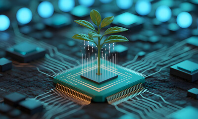 Green plant sprouting from a computer chip symbolizing technology and growth