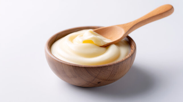 Close-up of creamy beef tallow in a wooden bowl with a wooden spoon on a neutral background. A trending multipurpose ingredient used in cooking, skincare, and clean beauty formulations